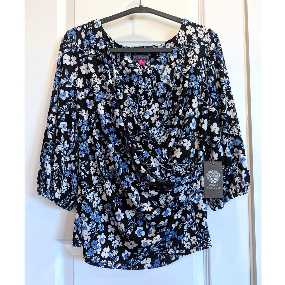NWT Vince Camuto Floral Surplice Top Blue Black